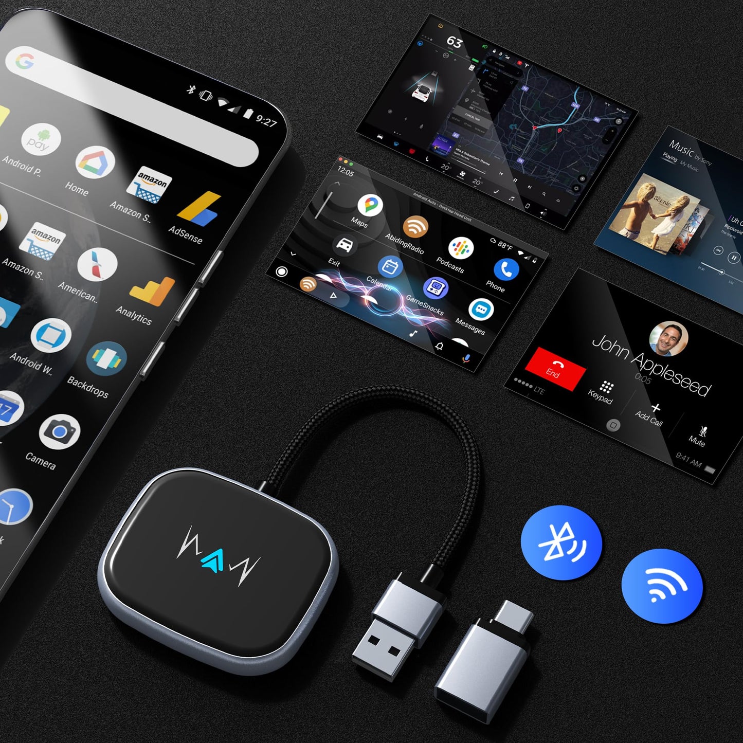 vnilrgle Wireless Android Auto Adapter, Wireless carplay Adapter, Latest NFC Touchscreen Connectivity, Wireless Plug-and-Play for Android Devices (Android 11 and Above)