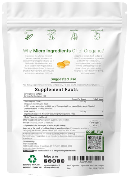 Micro Ingredients Oil of Oregano, 300 Softgel | Oregano Oil with Black Seed Oil, 4X Strength Carvacrol & Thymoquinone | Plant Based, Non-GMO | Antioxidant & Immune Support