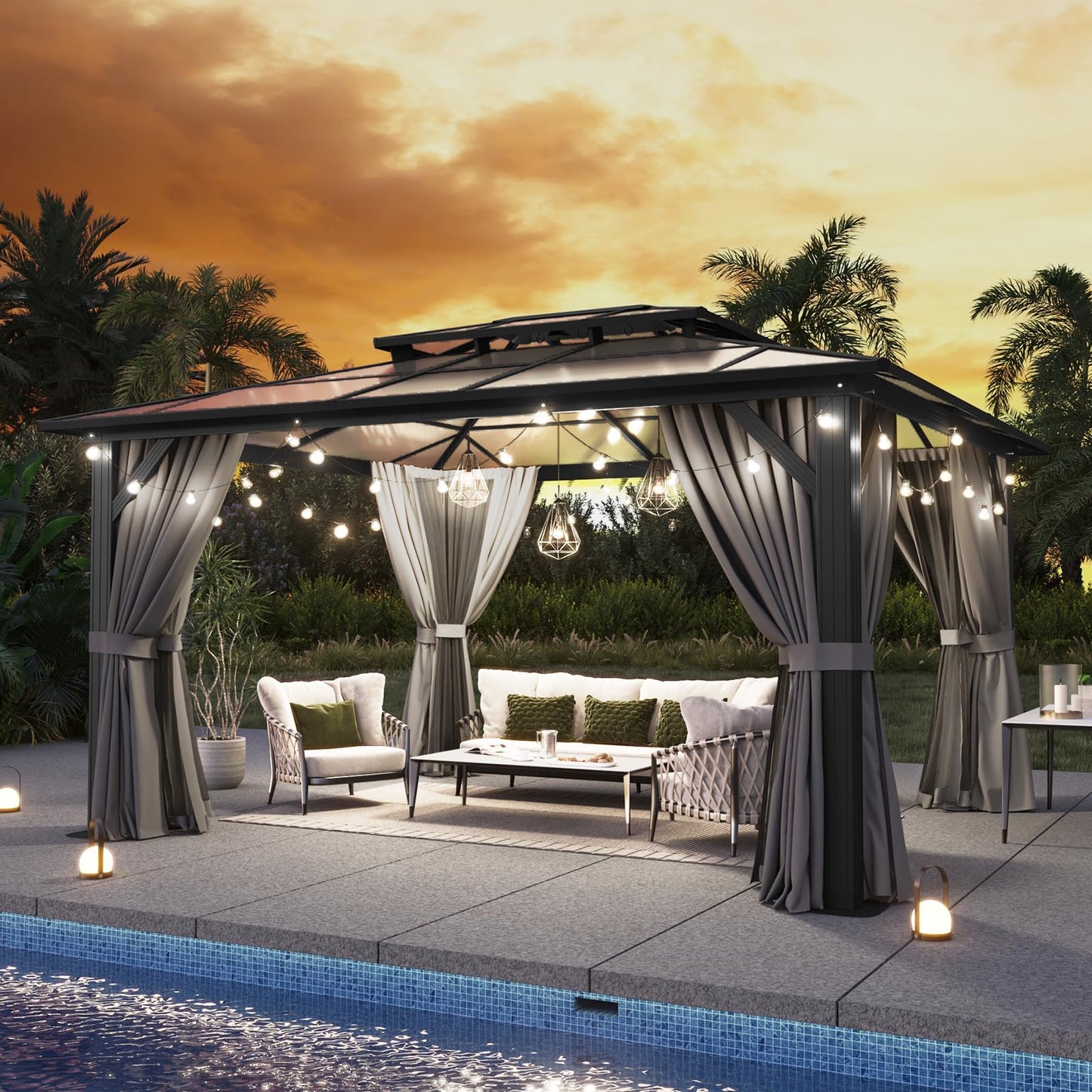 Aoxun 12'x14' Hardtop Gazebo, Aluminum Frame Permanent Pavilion with Curtains and Netting, Outdoor Polycarbonate Double Roof Canopy, Designed for Garden, Lawns, Patio, Gray