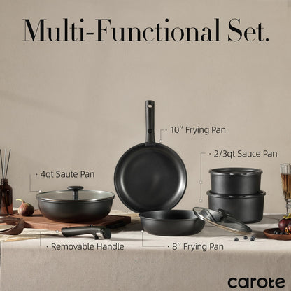 CAROTE Pots and Pans Set Non Stick, Cookware Set Detachable Handle, Nonstick Induction Kitchen Sets Non Stick with Removable Handle, RV Cook Ware, Oven Safe, Black