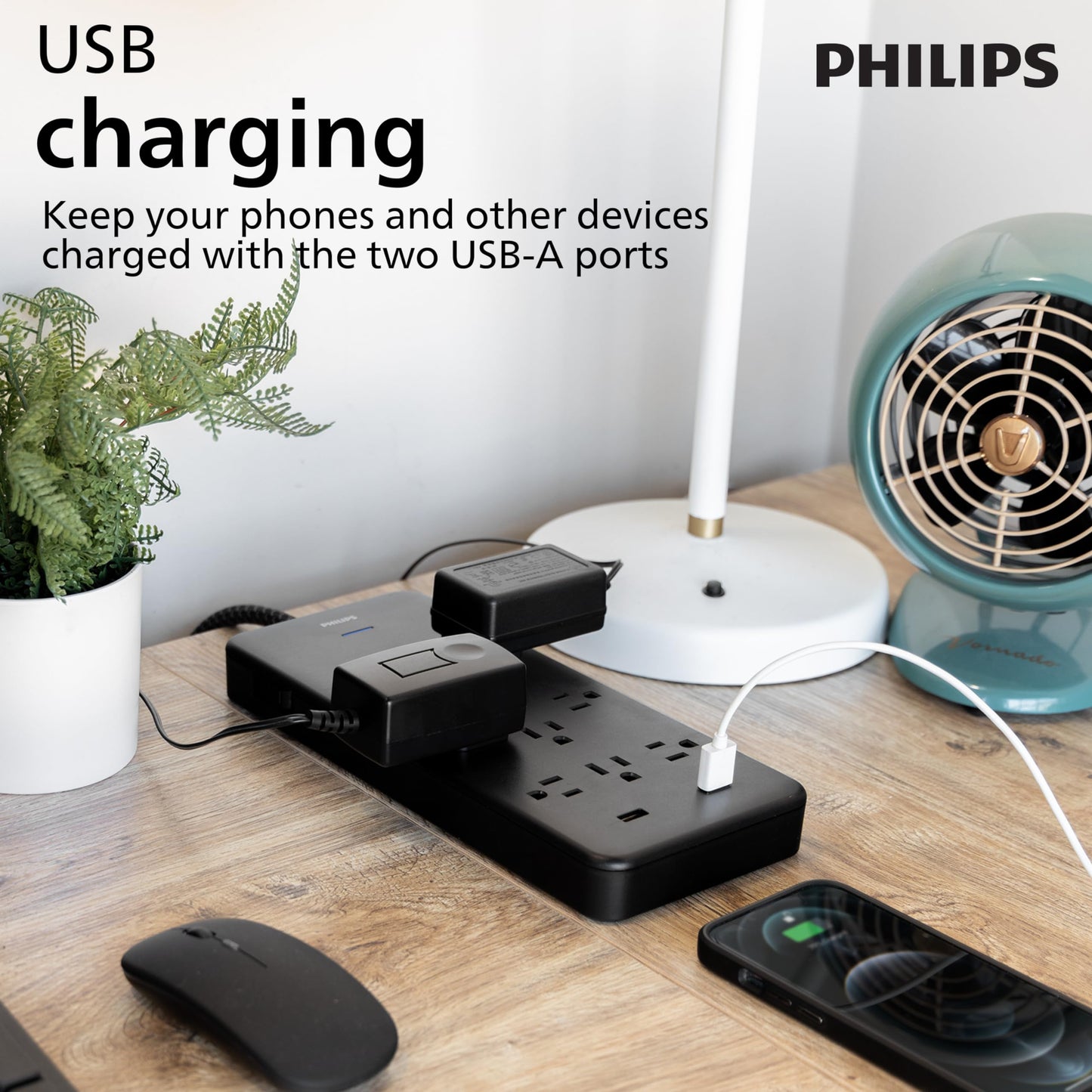 Philips EZFit 10-Outlet Surge Protector Power Strip, 6 Ft Braided Extension Cord, 2 USB Ports, Widely Spaced Outlets, Flat Plug, for Home Office Dorm Essentials, 2880 Joules, Black, SPP3403B/37