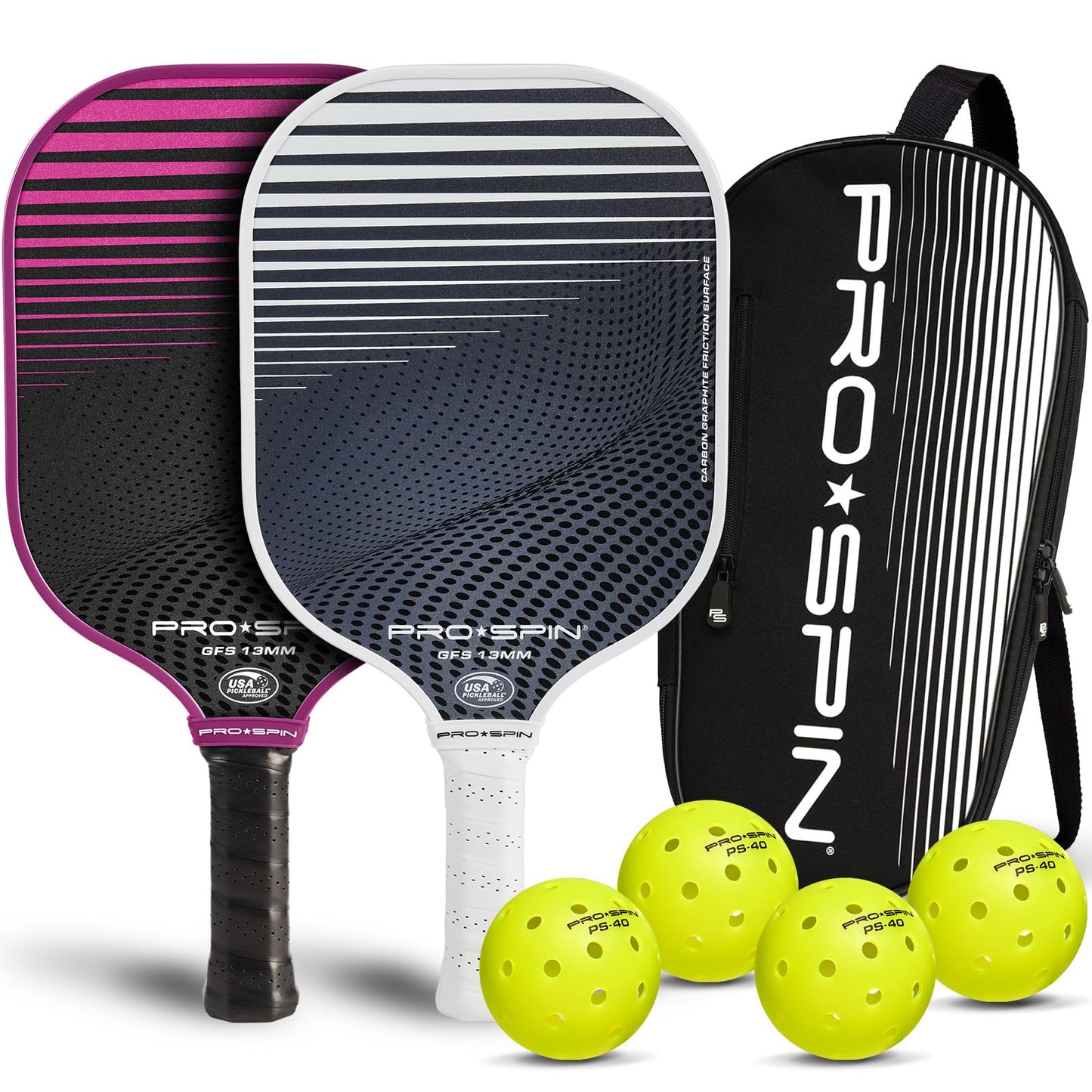 PRO-SPIN Carbon Fiber Pickleball Paddles Set of 2 | Lightweight Pickleball Set with Indoor/Outdoor Balls and Bag – Durable Pickle Ball Paddle Gift for Men, Women & Families