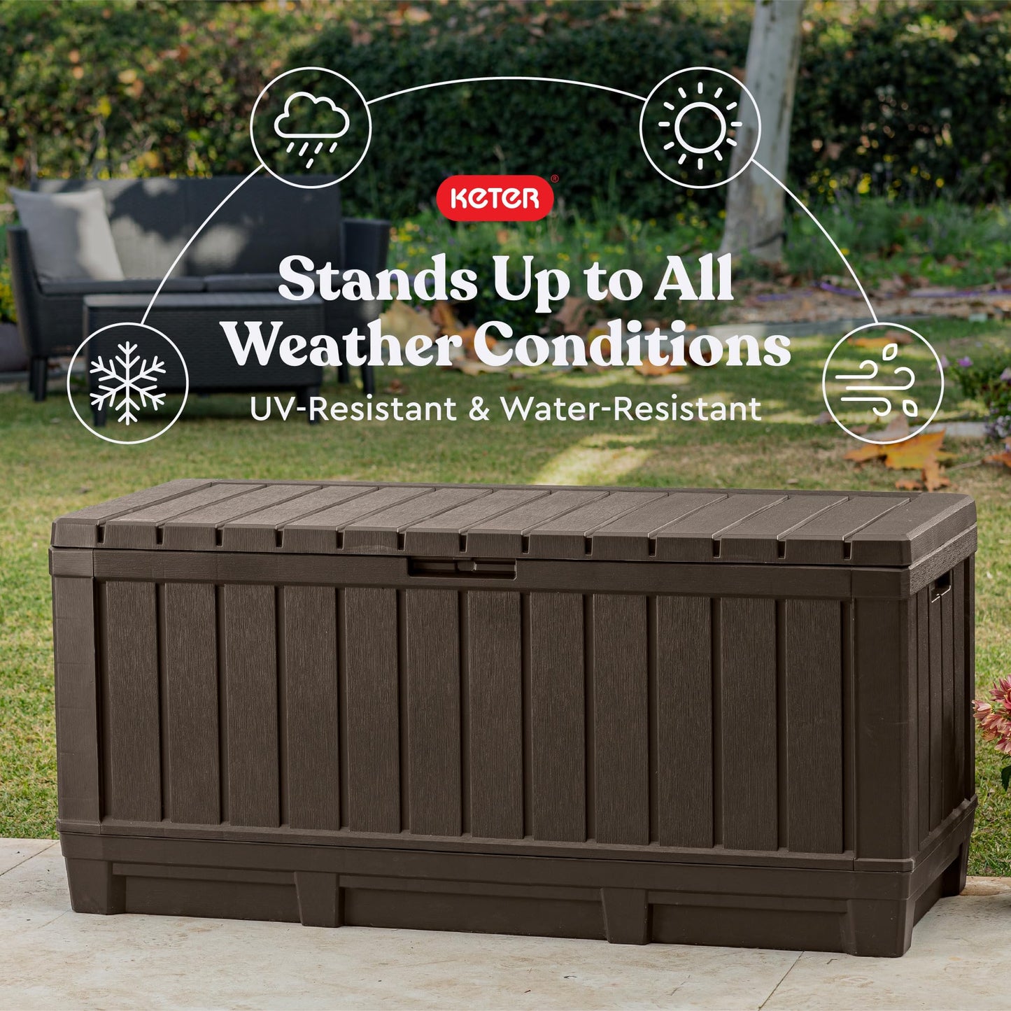 Keter Kentwood 92 Gallon Resin Deck Box-Organization and Storage for Patio Storage Box Outdoor Cushions, Throw Pillows, Garden Tools and Pool Floats, Brown