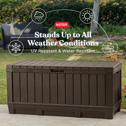 Keter Kentwood 92 Gallon Resin Deck Box-Organization and Storage for Patio Storage Box Outdoor Cushions, Throw Pillows, Garden Tools and Pool Floats, Brown