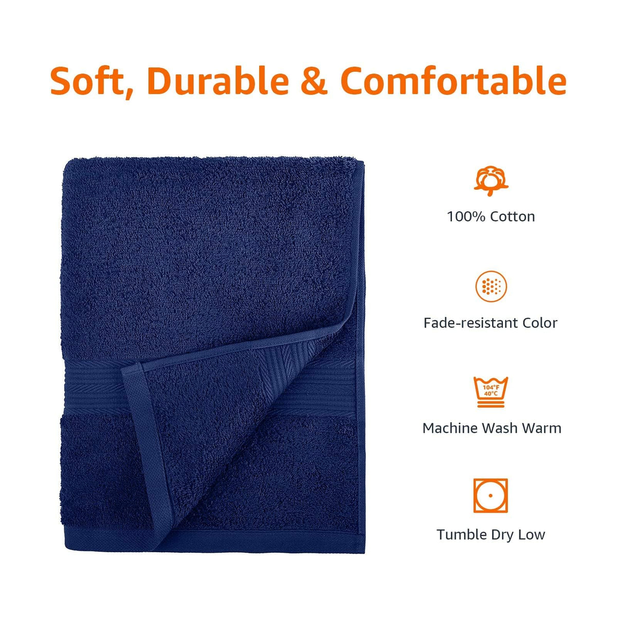 Amazon Basics 6 Piece Oversized Fade resistant Towel set, 100% Cotton towels for bathroom, soft and absorbent, 2 Bath Towels, 2 Hand Towels and 2 Washcloths bathroom towel set, Navy Blue