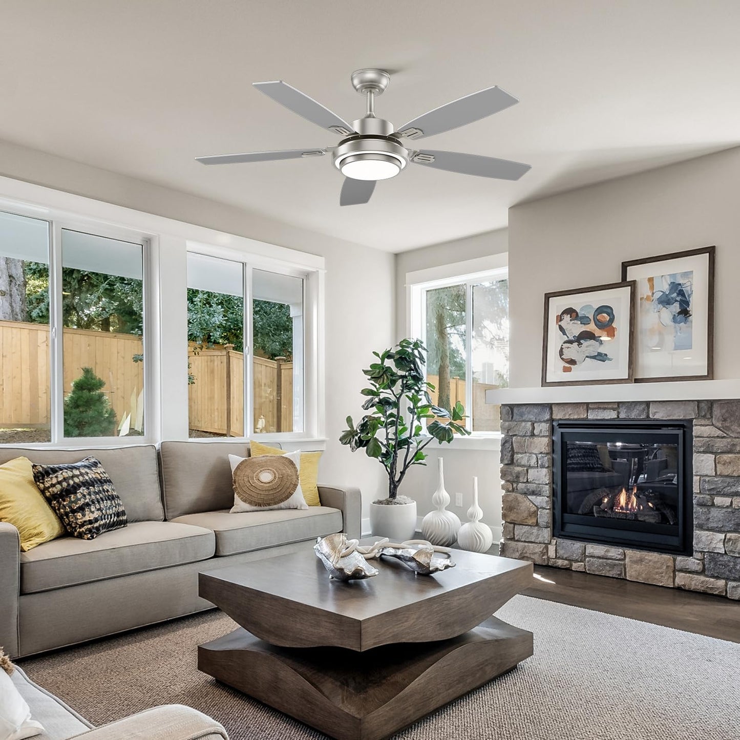 52 Inch Nickel Ceiling Fans with Lights and Remote Control for Bedroom, Modern Ceiling Fan with Quiet Reversible DC Motor, 3CCT, Dimmable, LED for Living Room, Patio, Indoor and Outdoor