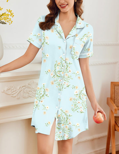Ekouaer Nightgowns for Women Button Down Sleepshirt Short Sleeve Nightshirt Boyfriend Pajamas V Neck Nightdress Light Green Floral Medium