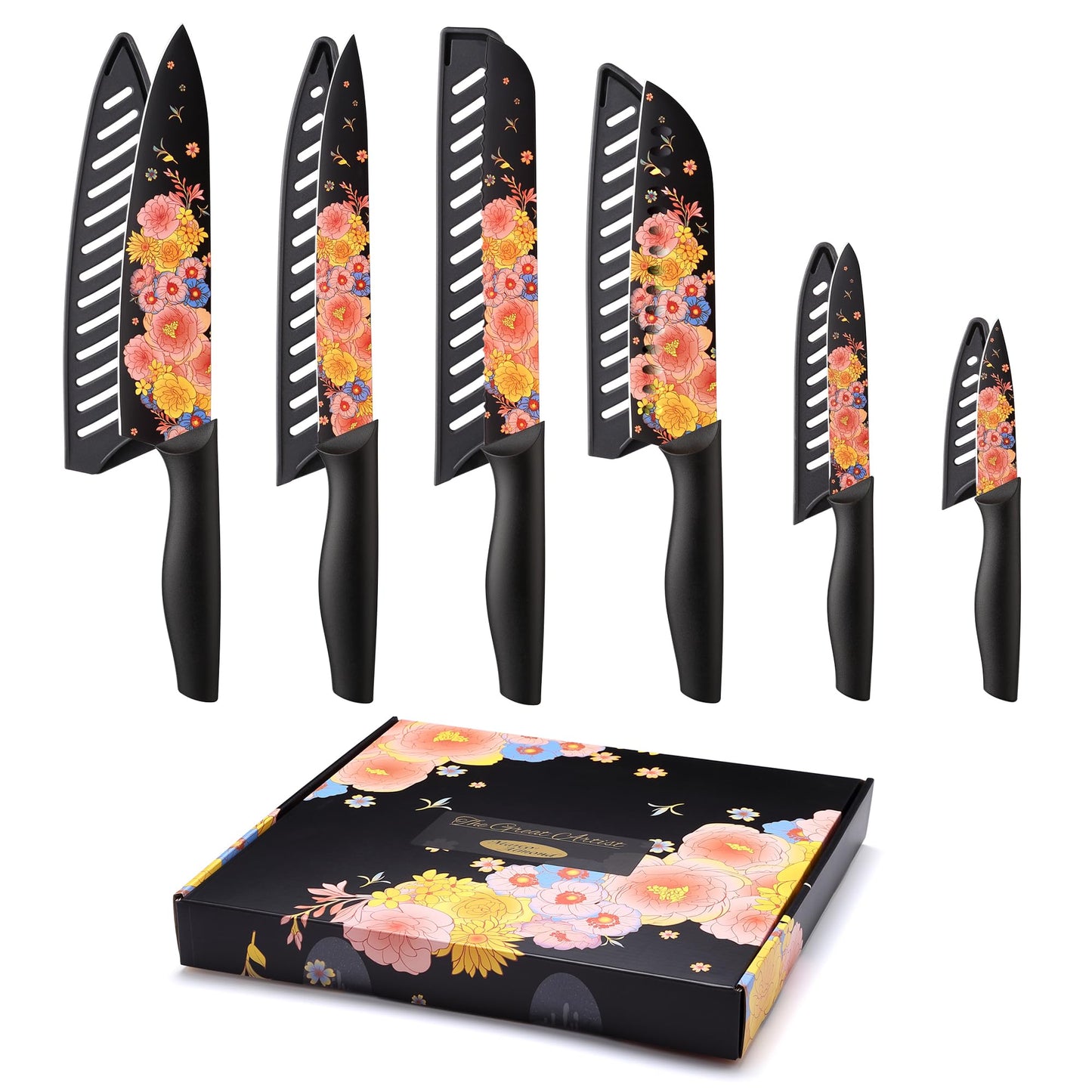 Marco Almond Knife Set Artistic Designed Pattern Kitchen Knife 6 Stainless Steel Kitchen Knives w 6 Blade Guards,Dishwasher Safe Kitchen Knife Sets for Family Knives Set for Chefs