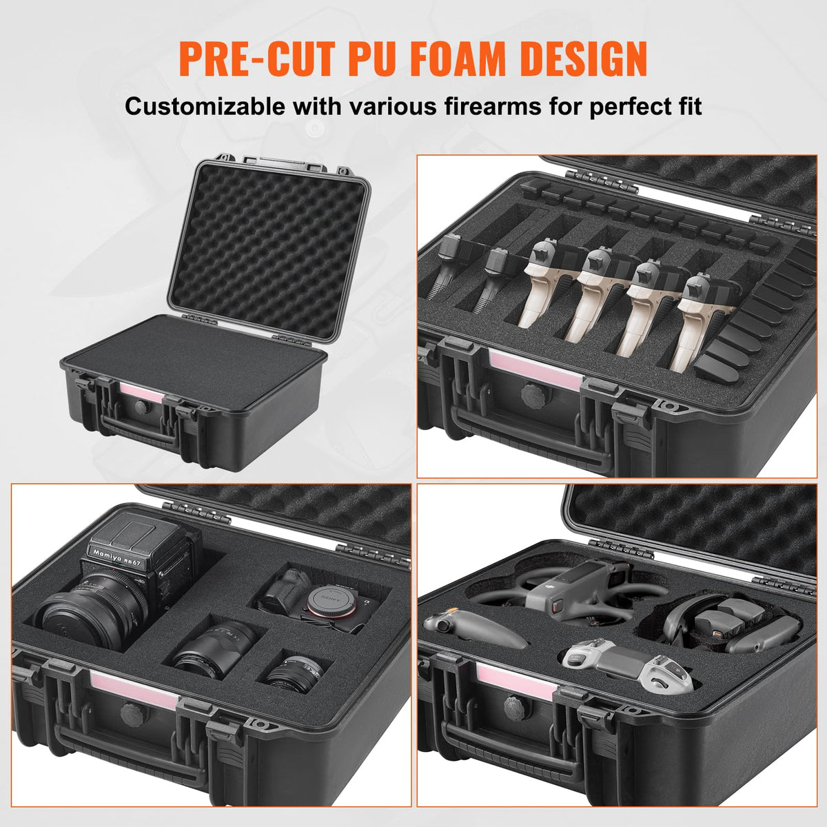VEVOR Hard Pistol Cases with Pre-cut PU Foam, Waterproof & Dustproof Hard Gun Case for 6 Pistol & 21 Magazine, 19.3×17.1×8.3 in Lockable Pistol Case, Black
