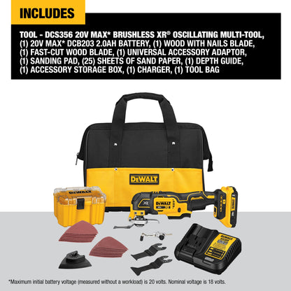 DEWALT 20V MAX XR Oscillating Multi-Tool Kit, Oscillating Tool Accessories, Cordless, 3-Speed, Quick Blade Change, Sand Paper, Blades, Battery and Charger Included (DCS356D1)