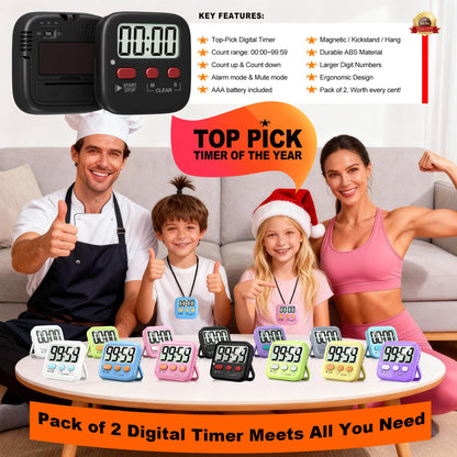 Antonki 2 Pack Digital Timer for Kids, Magnetic Countdown Kitchen Timers for Cooking, Egg, Classroom, Teacher, Exercise, Study, Oven - Battery Included
