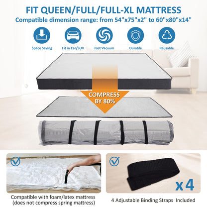 Queen/Full/Full-XL Foam Mattress Vacuum Bag for Moving, Vacuum Seal Mattress Bag with Straps