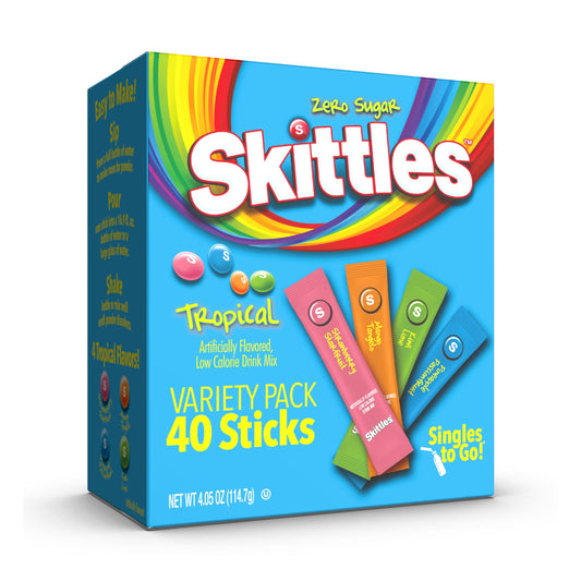 Skittles Singles To Go Tropical Variety Pack, Watertok Powdered Drink Mix, Zero Sugar, Low Calorie, Includes 4 Flavors: Strawberry Starfruit, Mango Tangelo, Kiwi Lime, Pineapple Passionfruit, 1 Box (40 Single Servings)