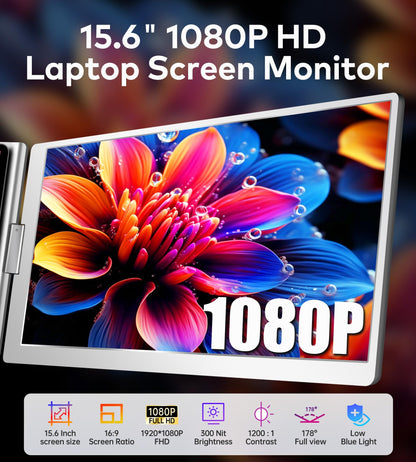 FOPO 15.6" Laptop Screen Extender Monitor Portable, Quad Monitor, Just 1 Cable for 3 Screens, FHD 1080P IPS Laptop Extender Compatible with Wins/Mac for 13.6" - 17.3" Laptops