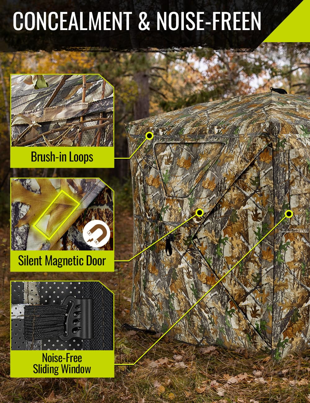 TIDEWE Hunting Blind 270°Full See Through with Windproof Curtain, Silent Magnetic Door & Sliding Windows, 2-3 Person Pop Up Ground Blind with Carrying Bag, 300D Portable Tent(Camouflage)