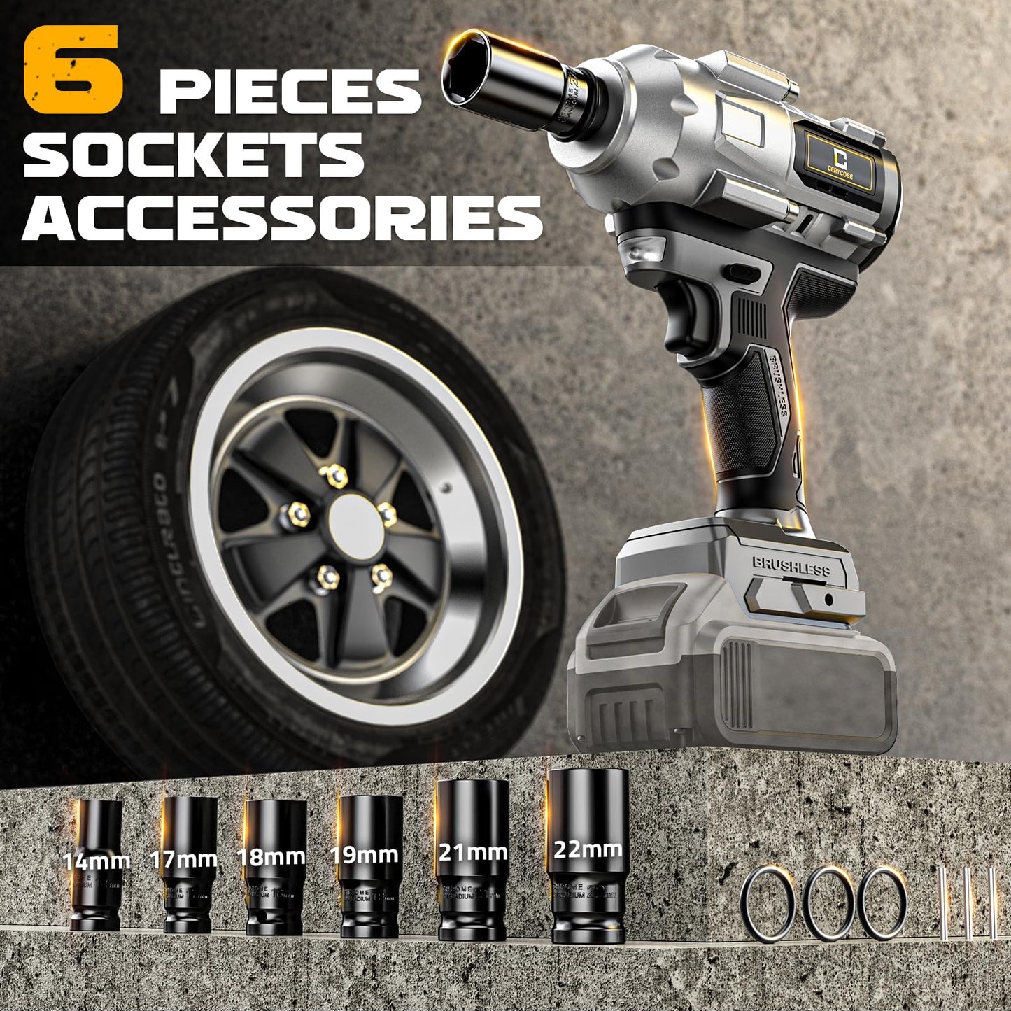 Cordless Impact Wrench 1/2 inch for Dewalt Battery 900FT-LBS with 6 Sockets and Durable Toolbox Brushless Impact Gun Includes LED Work Light (950Ft-lbs Wrench with 6 Sockets)