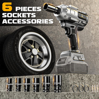 Cordless Impact Wrench 1/2 inch for Dewalt Battery 900FT-LBS with 6 Sockets and Durable Toolbox Brushless Impact Gun Includes LED Work Light (950Ft-lbs Wrench with 6 Sockets)