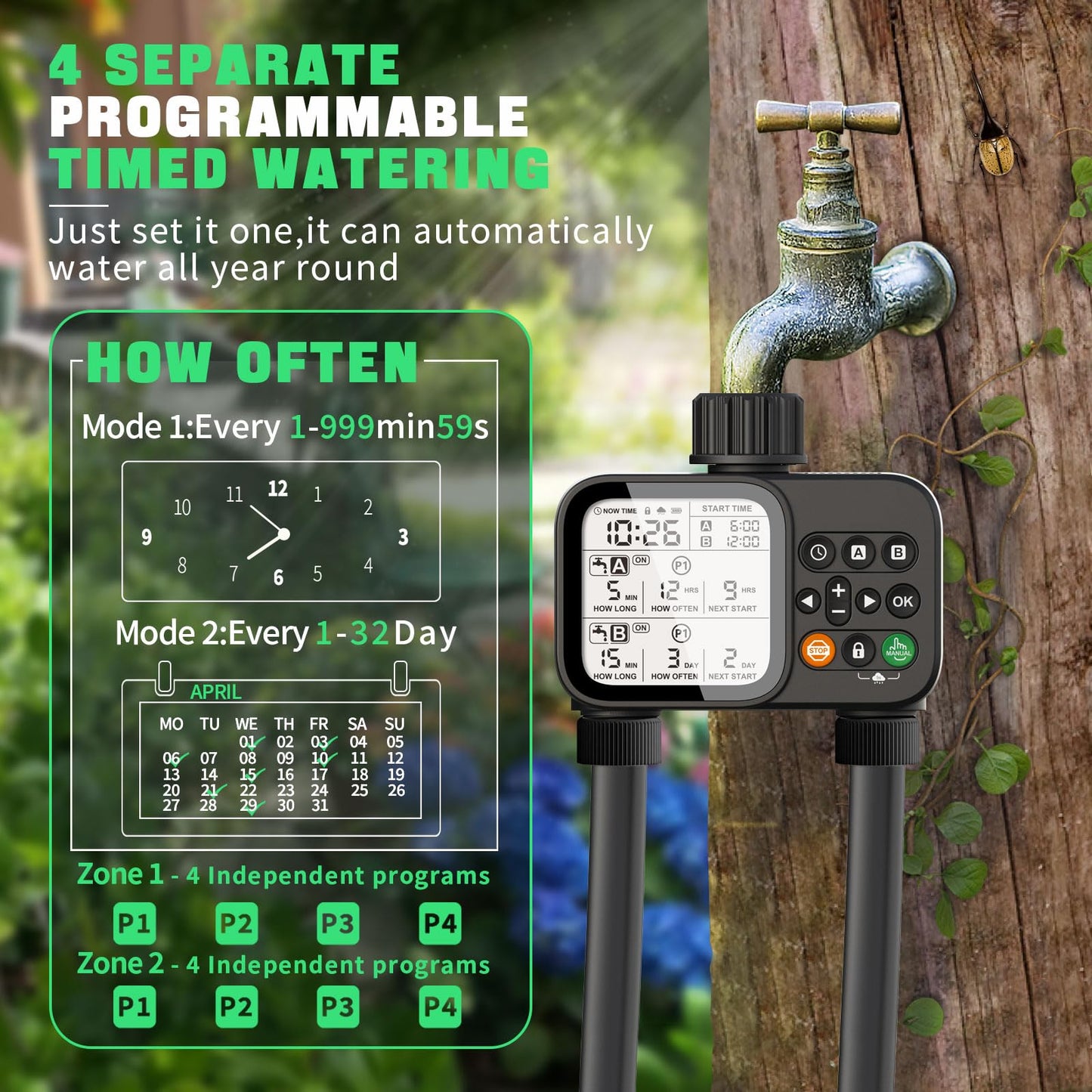 2 Zone Sprinkler Timer, Smart Programmable Hose Water Timer with Auto Rain Delay, 5 Separate Program, 3.3“ Large LCD Display Digital Irrigation for Plant, Yard, Lawns, Outdoor