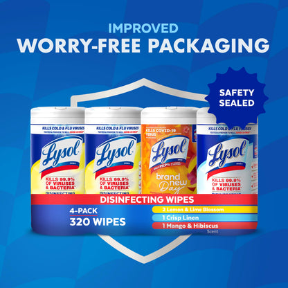 Lysol Disinfecting Wipes Bundle, Home Apartment Dorm Room Essentials and Cleaning Supplies, All Purpose Cleaner, Multi-surface Cleaning Wipes, Multi-Scent Sanitizing Wipes Bundle, 80 Count (4pk)