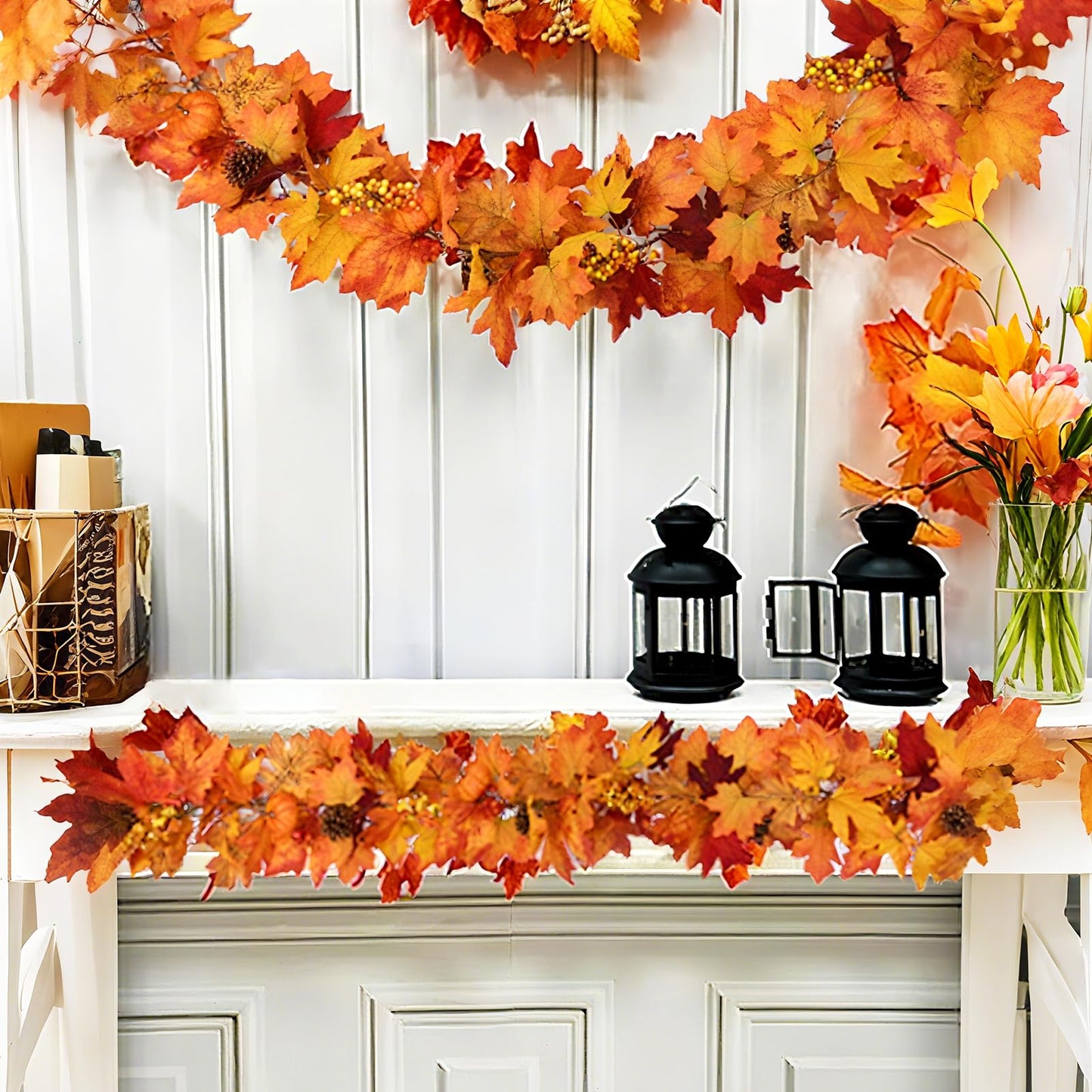 Fall Leaves Garland, 2 Pack Artificial Fall Garland Maple Leaf 5.9Ft/Pieces Fall Decor Autumn Thanksgiving Decor Easy Hanging for Mantel & Table (Red)