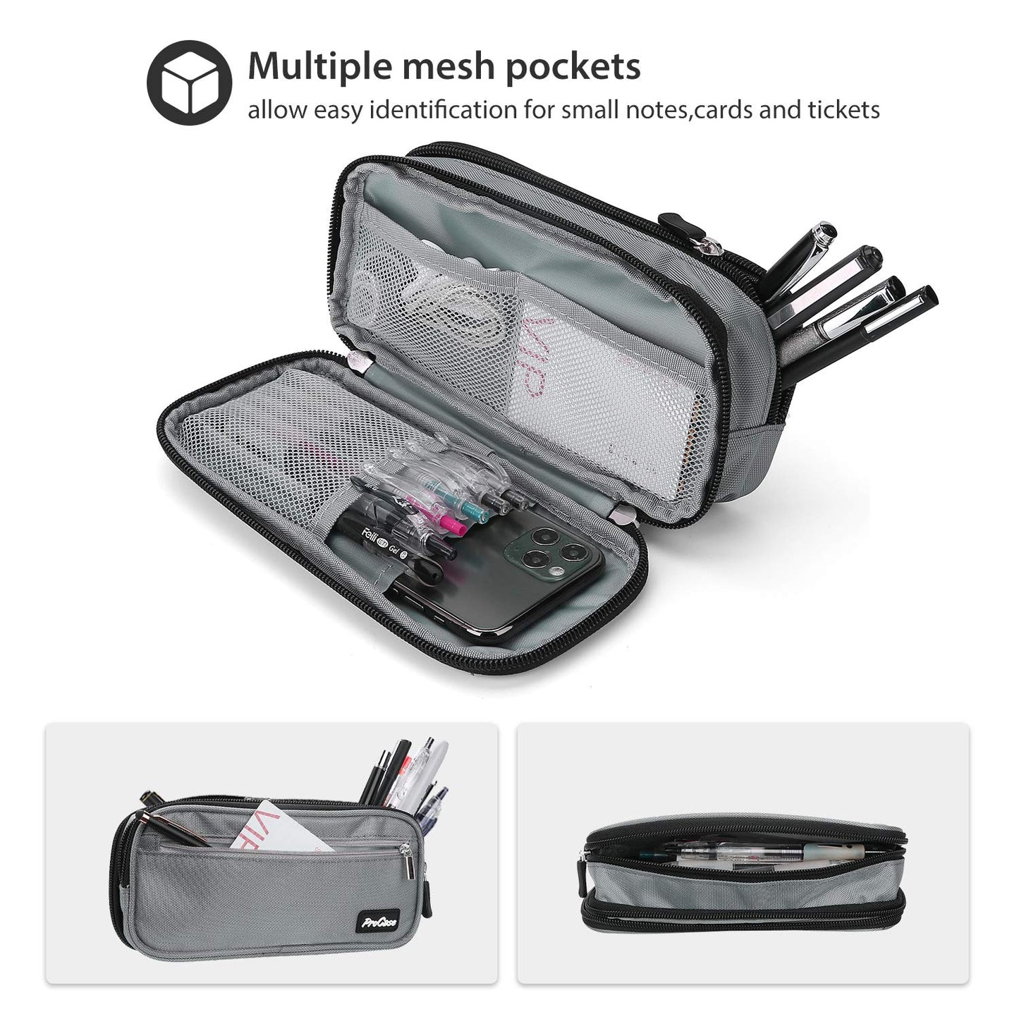 ProCase Pencil Case Pen Bag, Two Layers Big Capacity Pencil Pouch Pen Organizer Durable Stationery Holder for Marker Organization School Supplies Office Storage Desk Organizing -Grey