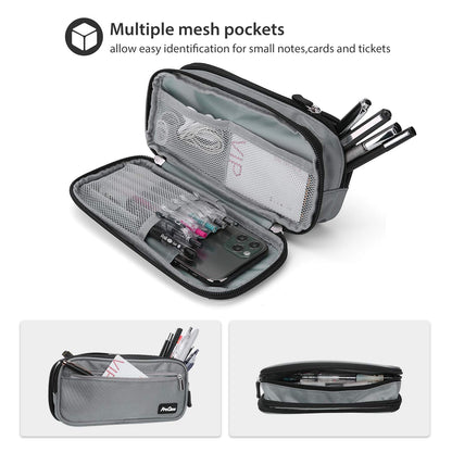 ProCase Pencil Case Pen Bag, Two Layers Big Capacity Pencil Pouch Pen Organizer Durable Stationery Holder for Marker Organization School Supplies Office Storage Desk Organizing -Grey