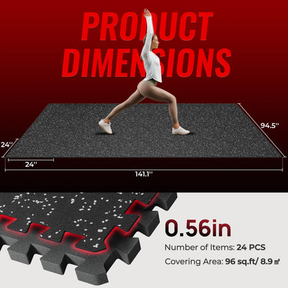 SUPERJARE 0.56'' Thick 24 Pcs 96 Sq Ft Rubber Top Exercise Equipment Mats, High Density EVA Foam Mats with Rubber Top, Interlocking Gym Flooring for Home Gym, Protective Workout Mat, Black/Grey
