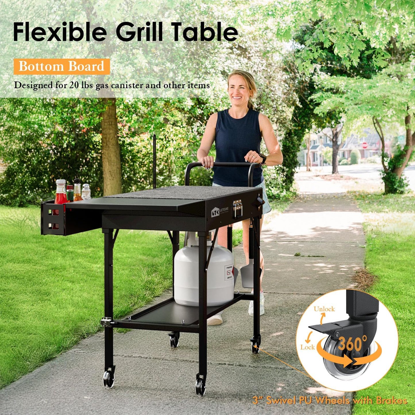Leteuke Grill Cart for Blackstone Griddle, Portable Outdoor Grill Table, Foldable Cart Table with Wheels for Ninja Grill, Grill Cart Fit 17 Inch Or 22 Inch Griddle, BBQ Prep Table with Seasoning Tray