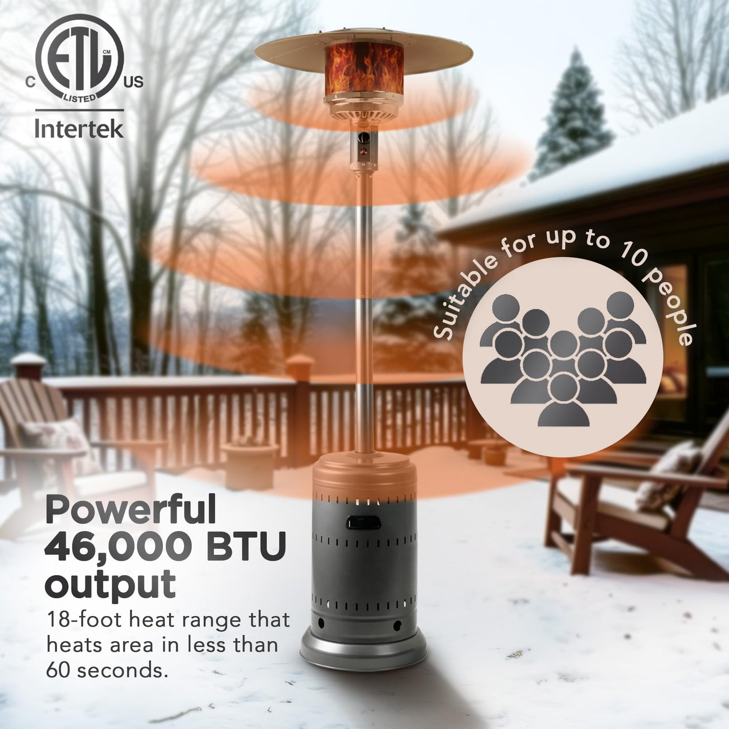 Amazon Basics 46,000 BTU Outdoor Propane Patio Heater with Wheels, Commercial & Residential, 13489.74 watts, Slate Gray, with water tank, 32.1 x 32.1 x 91.3 inches (LxWxH)