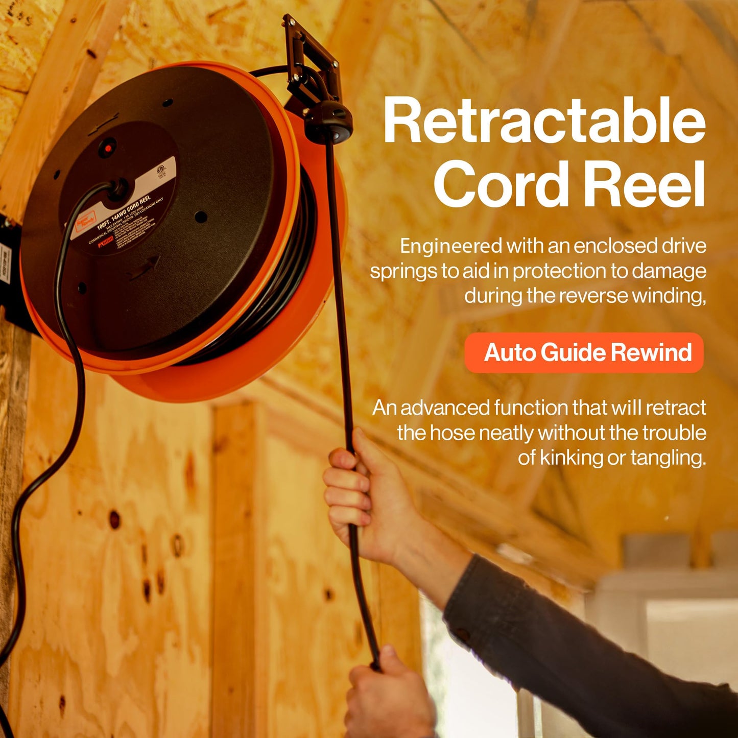 SuperHandy Extension Cord Reel Retractable 12AWG x 80' Foot 3C SJTOW Cable Triple Tap Connector Power Rating 125 Volt AC 15 Amp 1875 Watt Industrial Steel Single Arm