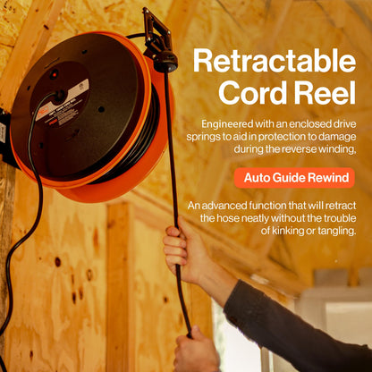 SuperHandy Extension Cord Reel Retractable 12AWG x 80' Foot 3C SJTOW Cable Triple Tap Connector Power Rating 125 Volt AC 15 Amp 1875 Watt Industrial Steel Single Arm