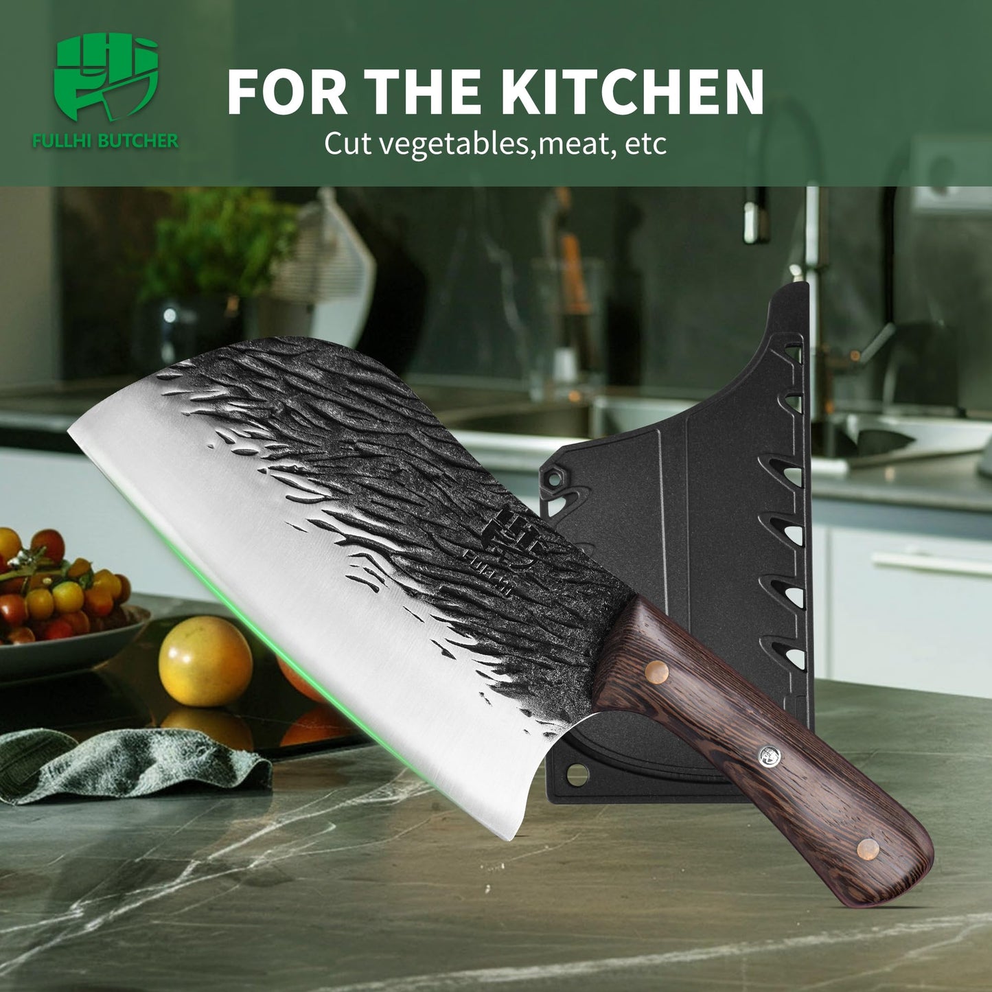 FULLHI Butcher Knife, Multi-color Wood Handle Full Tang Chef Knife with Sheath, High Carbon Steel Meat Slicing Kitchen Knife for Outdoor, Camping BBQ (Brown, Serbian Chef Knife)