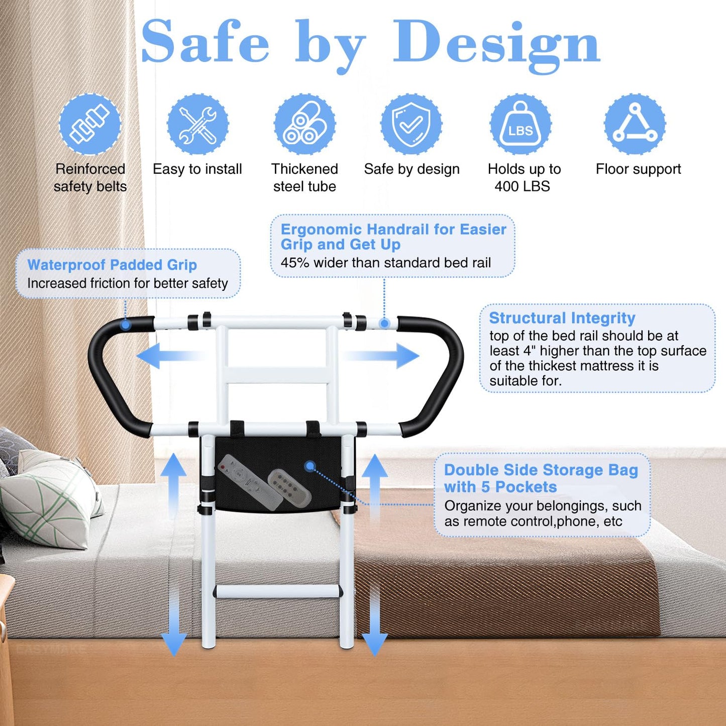 easymake Bed Rails for Elderly Adults Safety: Adjustable Bedside Assist Rails with Storage Pockets, Non-Slip Handles, Motion Sensor Light, Items for Elderly Bed Rail, 400LB Gravity Capacity