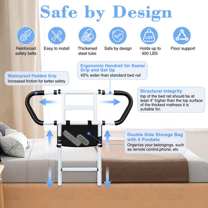 easymake Bed Rails for Elderly Adults Safety: Adjustable Bedside Assist Rails with Storage Pockets, Non-Slip Handles, Motion Sensor Light, Items for Elderly Bed Rail, 400LB Gravity Capacity