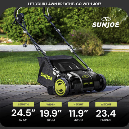 Sun Joe Electric Lawn Dethatcher & Scarifier with 13.2-Gal Bag, 13 Amp, 15 Inch, Black/Green - Heavy Duty Gardening Machine and Equipment for Lawn, Yard, and Grass, AJ805E
