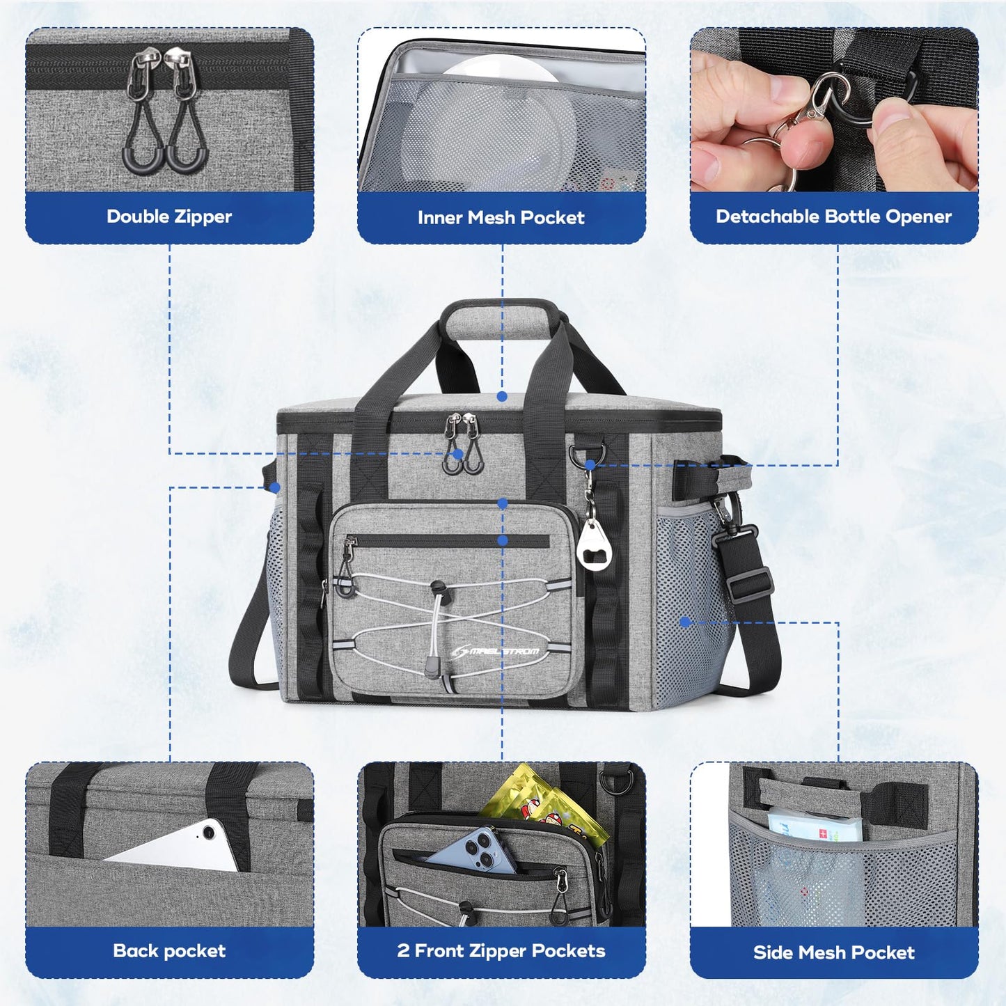 Maelstrom Soft Cooler Bag,Soft Sided Cooler,30 Cans Collapsible Cooler,Insulated Ice Chest,Large Leakproof Camping Cooler,Portable Travel Cooler for Kayaking,Beach,Gray, MSCB03