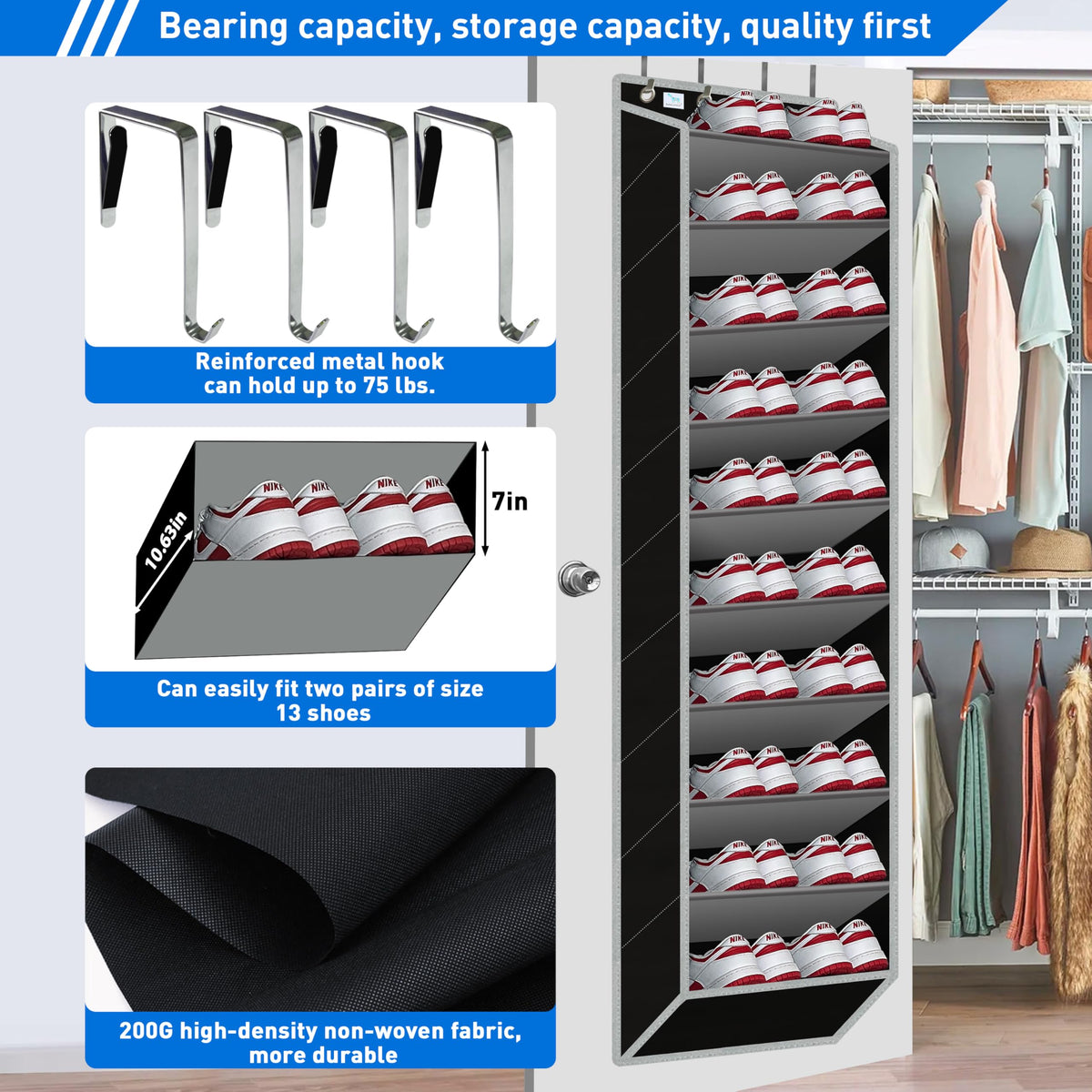 zebricolo,Heavy-Duty, Over The Door Shoe Organizer, Extra Large 10 Tiers, Over Door Shoe Organizer, Coated Hooks Grip Firmly Without Scratching Paint,75LB, Door Shoe Rack,Grey