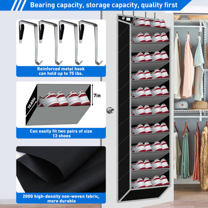 zebricolo,Heavy-Duty, Over The Door Shoe Organizer, Extra Large 10 Tiers, Over Door Shoe Organizer, Coated Hooks Grip Firmly Without Scratching Paint,75LB, Door Shoe Rack,Grey
