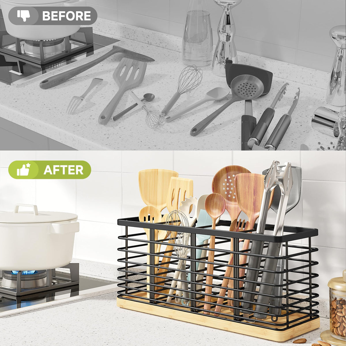 FIGWINET Extra Large Kitchen Utensil Holder, Metal Utensil Organizer with 4 Compartments, Black Cooking Utensil Holder for Kitchen Counter with Wooden Base