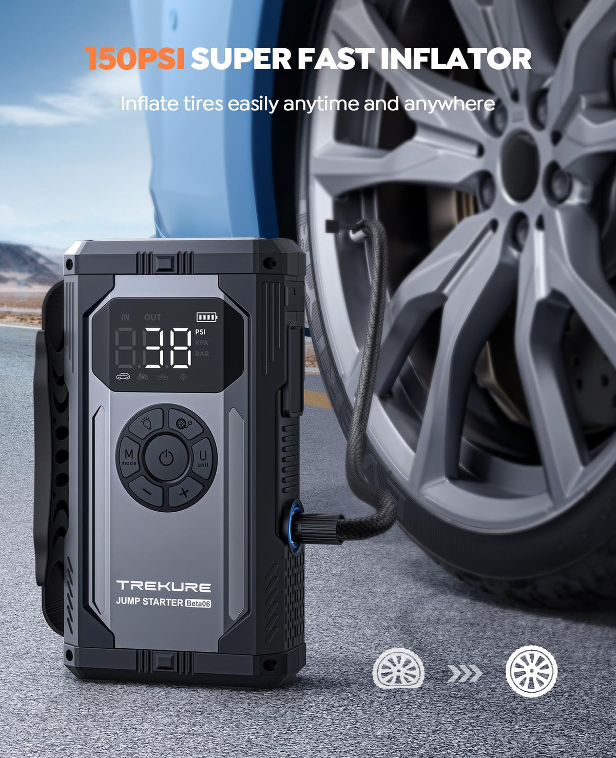 TREKURE 8-in-1 Jump Starter with Air Compressor 5500A 150PSI Portable Car Battery Jump Starter (All Gas/10L Diesel), 12V Jump Box Car Battery Jumper Starter Portable with Jumper Cables, Lights