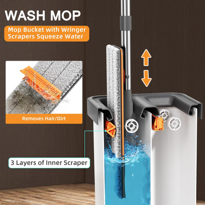 MUEE Mop and Bucket with Wringer Set for Home, Flat Mop and Bucket Set for Floor Cleaning and Window Wall Cleaner, Wet and Dry Mop with Long Handle and 3 Microfiber Pads