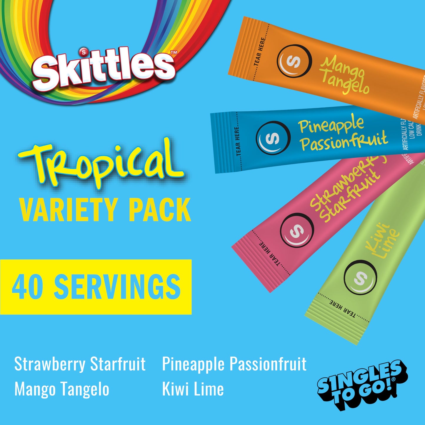 Skittles Singles To Go Tropical Variety Pack, Watertok Powdered Drink Mix, Zero Sugar, Low Calorie, Includes 4 Flavors: Strawberry Starfruit, Mango Tangelo, Kiwi Lime, Pineapple Passionfruit, 1 Box (40 Single Servings)