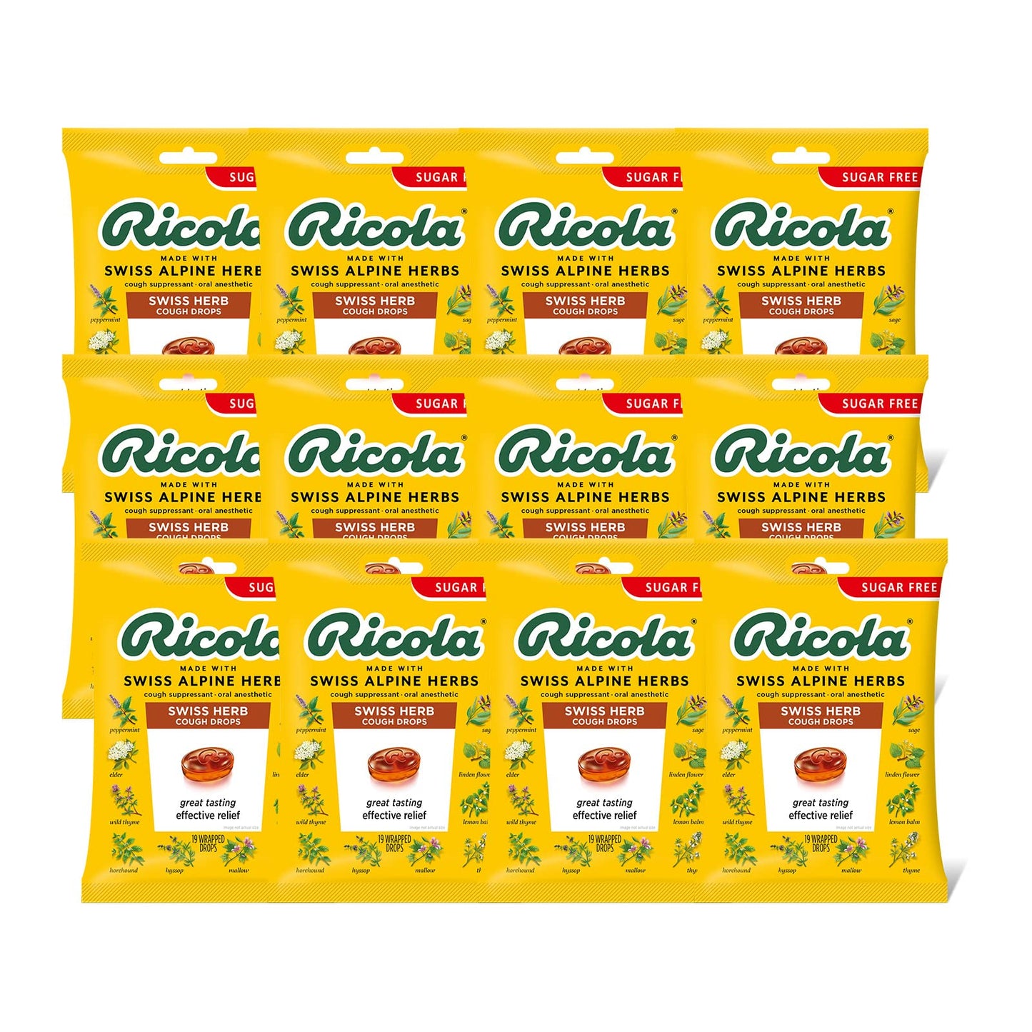 Ricola Sugar Free Swiss Herb Herbal Cough Suppressant Throat Drops, 19ct Bag (Pack of 12)