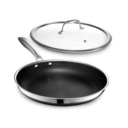 HexClad Hybrid Nonstick 12-Inch Frying Pan with Tempered Glass Lid, Stay-Cool Handle, Dishwasher-Friendly, Oven-Safe Up to 900°F, Induction Ready, Compatible with All Cooktops