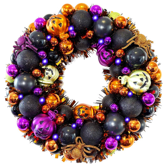 HipTree 13.8 Inch Halloween Ball Wreath for Front Door with Lights, Lighted Cute Treat-or-Trick Door Wreath Ball Ornament for Halloween Indoor Decorations Centerpiece Party Holiday Wall Home Decor