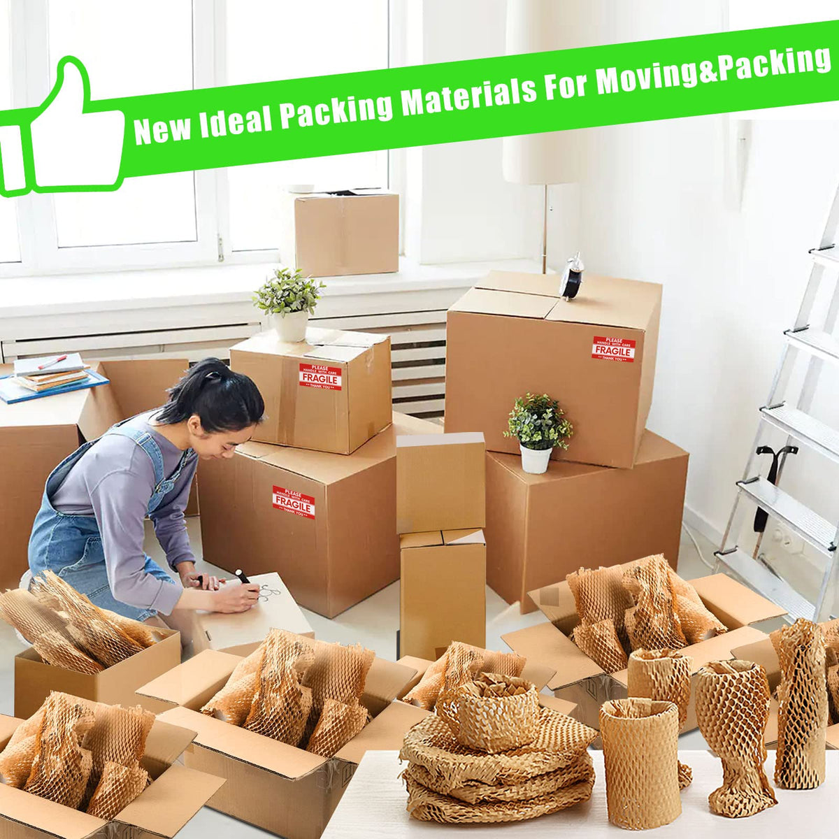 Honeycomb Packing Paper, MINHAO 15"x230' Eco Friendly Packing Paper for Moving Recyclable Honeycomb Paper Moving Supplies Bubble Paper Wrapping Protective Roll, With 36 Fragile Sticker Labels