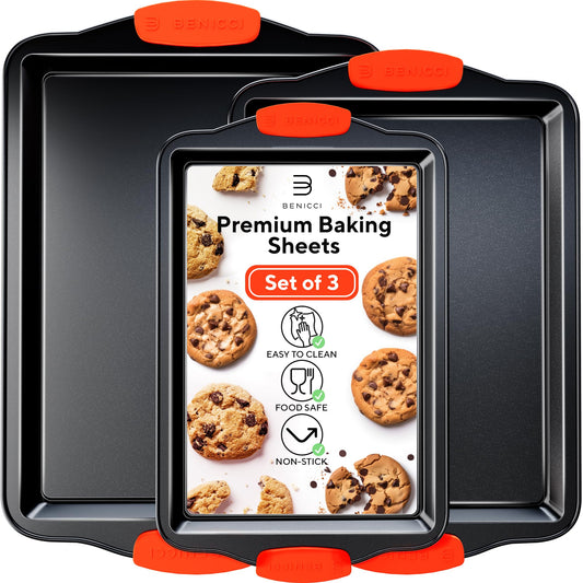 Premium Non-Stick Baking Sheets Set of 3 - Deluxe BPA Free, Easy to Clean Racks w/Silicone Handles - Bakeware Pans for Cooking Baking Roasting - Lets You Bake The Perfect Cookie or Pastry Every Time