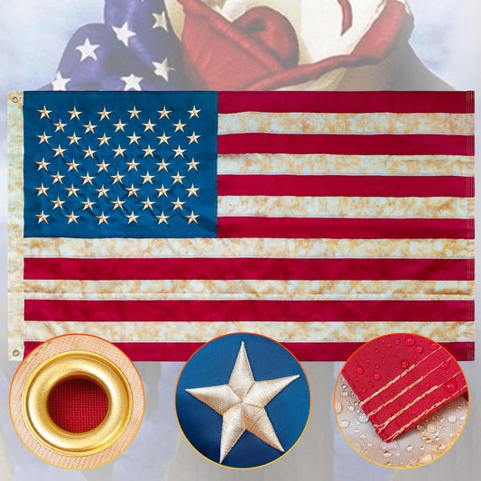 Vintage American Flag 3x5,Embroidered Vintage American Flag,Vintage American Flag Outdoor,Tea Stained American Flags For Outside 3x5,American Flags For Outside 3x5 Heavy Duty Vintage,Tea Stained American Flag Made In USA With Brass Grommets