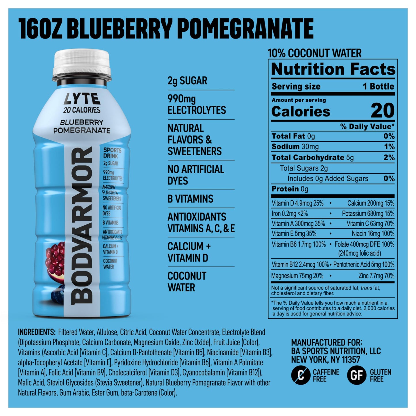 BODYARMOR LYTE Sports Drink Low-Calorie Sports Beverage, Blueberry Pomegranate, Coconut Water Hydration, Natural Flavors With Vitamins, Potassium-Packed Electrolytes, Perfect For Athletes, 16 Fl Oz (Pack of 12)