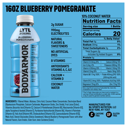 BODYARMOR LYTE Sports Drink Low-Calorie Sports Beverage, Blueberry Pomegranate, Coconut Water Hydration, Natural Flavors With Vitamins, Potassium-Packed Electrolytes, Perfect For Athletes, 16 Fl Oz (Pack of 12)